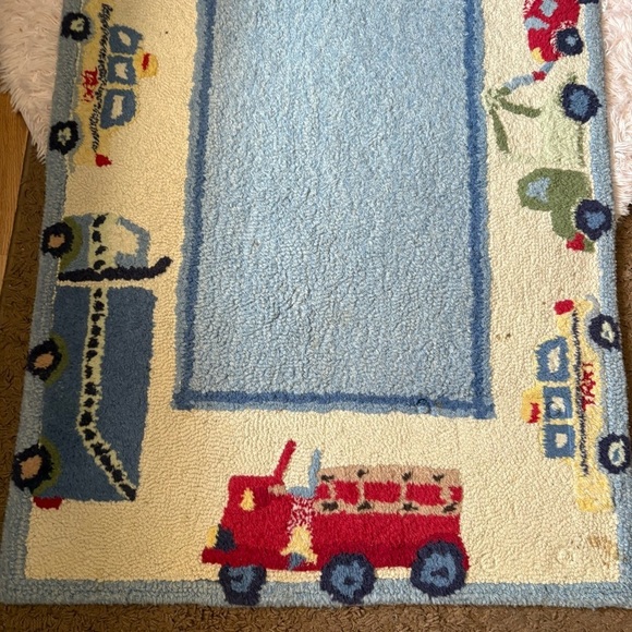 Vintage Pottery Barn Wool Carpet 3x5 59” x 36” Cars Firetruck Tow Truck Cab Blue - Picture 3 of 6
